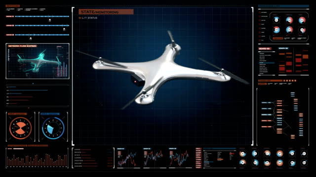 Drone-giratorio-con-interfaz-de-usuario-futurista,-interfaz-de-pantalla-futurista-digital.-Gráfico-virtual.-Película-4k.-2.