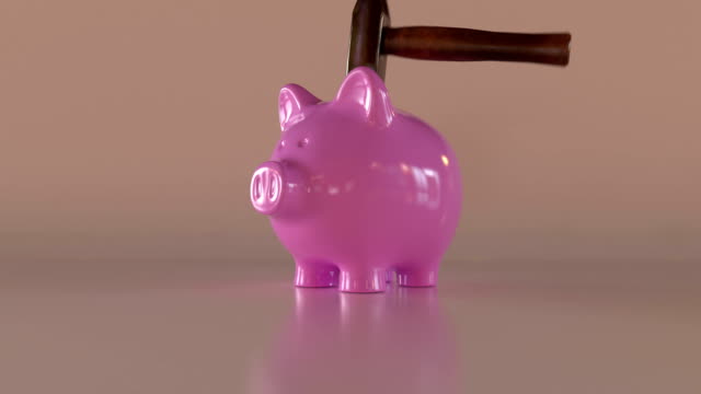 Piggy-bank-destroyed-by-a-hammer,-3D-animation-with-alpha-mask