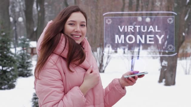 Rothaarige-Mädchen-mit-Hologramm-Virtuelles-Geld