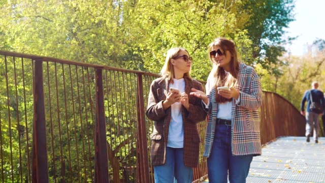 Bloggers-de-viajes-con-teléfonos-inteligentes-caminando-por-el-puente-en-el-parque-soleado