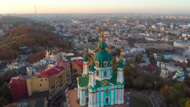 Fly-around-St.-Andrews-Church-in-Kiev,-Ukraine
