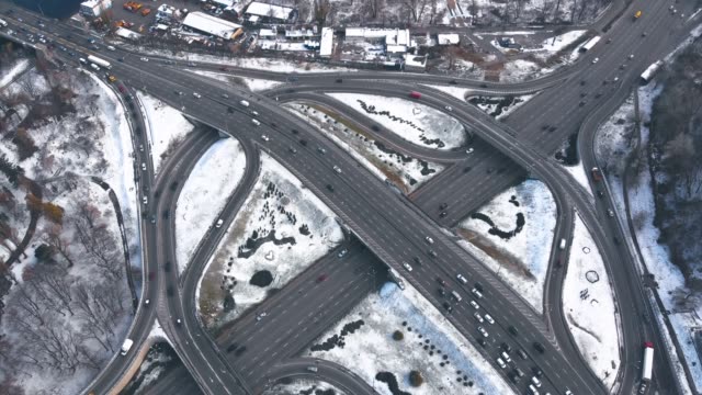 Road-interchange-in-winter-aerial-view