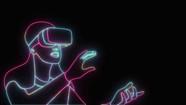 Flashing-colorful-neon-lights-forming-girl-in-VR-glasses-with-stretched-hands.-2D-animation-of-young-woman-playing-video-game-in-virtual-reality-simulator.-Modern-technologies.