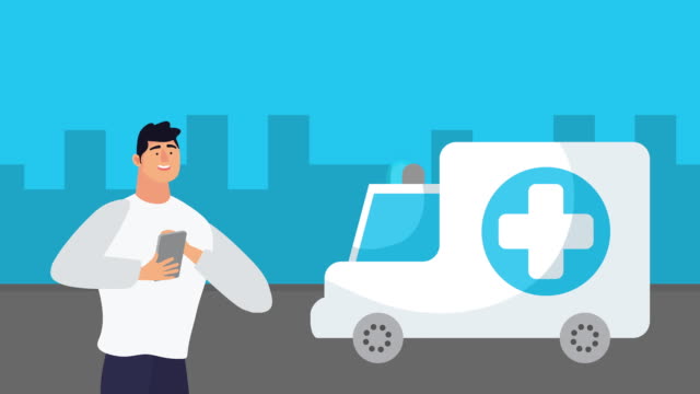 Mann-mit-Smartphone-mit-Gesundheitsversorgung-online-und-Krankenwagen