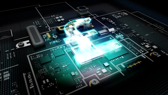 Hologramme-typo'Pound'an-CPU-Chip-Schaltung,-Intelligenz-Technologie.