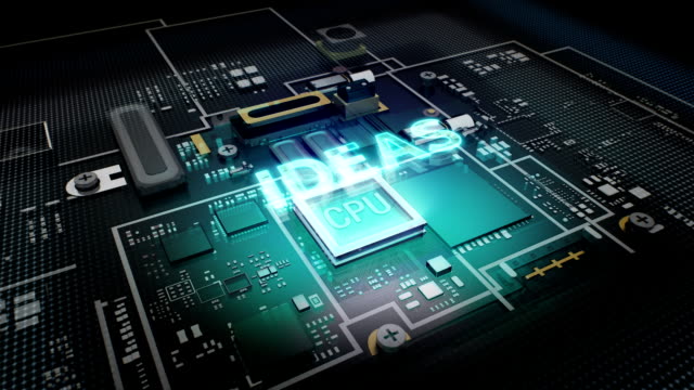 Hologramme-typo'IDEAS'CPU-Chip-Schaltung,-wachsen-künstlicher-Intelligenz.