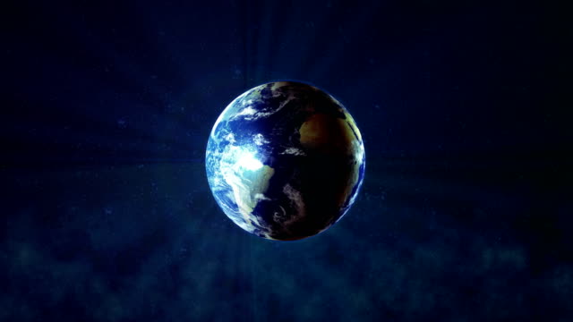 Realistische-Erde-Rotieren-mit-Sonnenstrahlen,-Die-Welt-Spinnen