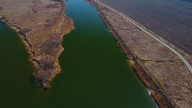 Drone-shot-of-Don-river-near-Rostov-on-Don-on-a-spring-morning.