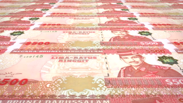 Banknotes-of-five-hundred-ringgits-or-bruneian-dollars-of-the-bank-of-the-sultanate-of-Brunei-Darussalam-rolling-on-screen,-coins-of-the-world,-cash-money,-loop