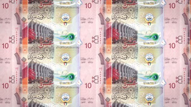 Banknotes-of-ten-kuwaiti-dinar-rolling-on-screen,-cash-money,-loop