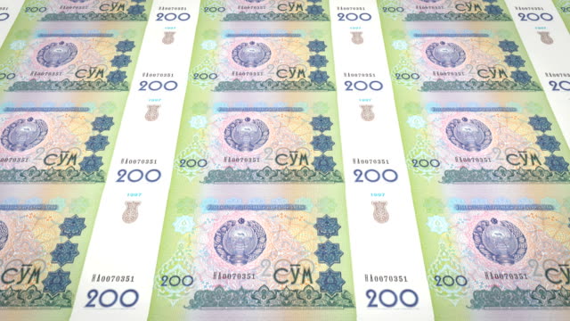 Banknotes-of-two-hundred-Uzbekistani-som-of-Uzbekistan,-cash-money,-loop
