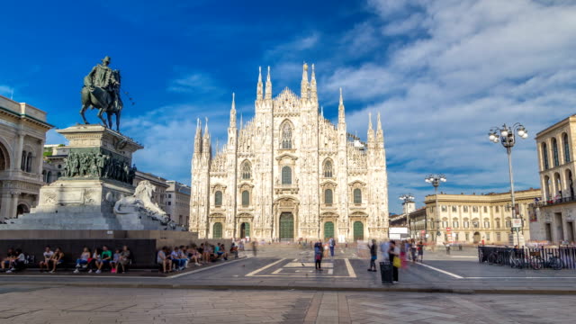 The-famous-Milan-Cathedral-timelapse-hyperlapse-and-monument-to-Victor-Emmanuel-II-on-the-Piazza-del-Duomo-in-Milan,-Italy