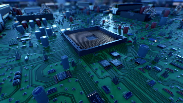La-instalación-del-procesador-en-el-proceso-de-la-placa-base-con-DOF-desenfoque.-Hermosa-animación-3d-de-la-placa-de-circuito-y-CPU.-Concepto-Digital-y-tecnología.