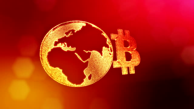 Sign-of-bitcoin-and-earth,-the-globe.-Financial-background-made-of-glow-particles-as-vitrtual-hologram.-Shiny-3D-loop-animation-with-depth-of-field,-bokeh-and-copy-space..-Red-background-v1.