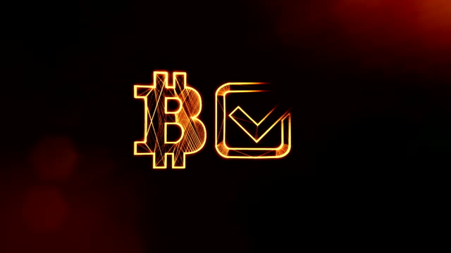 Logo-Bitcoin-und-Häkchen-in-der-Box.-Finanzieller-Hintergrund-aus-Glühen-Teilchen-als-Vitrtual-Hologramm.-Glänzende-Schleife-3D-Animation-mit-Tiefe-Feld,-Bokeh-und-Kopie.-Dunklen-Hintergrund-1.
