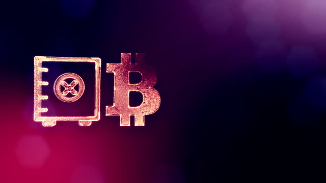 Sign-of-bitcoin-and-safe.-Financial-background-made-of-glow-particles-as-vitrtual-hologram.-Shiny-3D-loop-animation-with-depth-of-field,-bokeh-and-copy-space.-Violet-color-v2