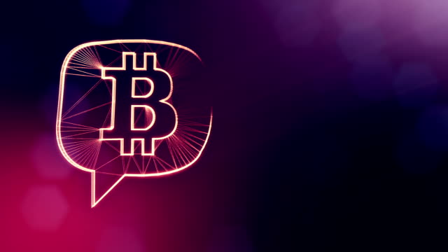 Bitcoin-Logo-in-einer-Nachricht-Wolke.-Finanzieller-Hintergrund-aus-Glühen-Teilchen-als-Vitrtual-Hologramm.-Glänzende-Schleife-3D-Animation-mit-Tiefe-Feld,-Bokeh-und-Kopie.-Violette-Farbe-v2