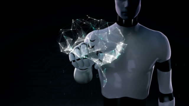 Cyborg-robot-tocando-cerebro-conectar-líneas-digitales,-4K-tamaño-movie.grow-inteligencia-artificial.-2.