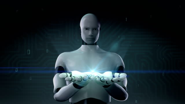 Robot,-cyborg-open-palms-in-digital-interface-background-4K-movie.