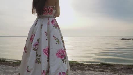 Charming-brunette-in-a-long-evening-dress-standing-by-the-river