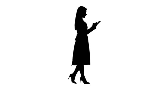 Silhouette-Blonde-in-pink-dress-walking-and-using-tablet