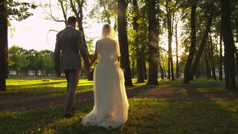 Glückliche-junge-Brautpaare-gehen-in-einem-Park-spazieren.