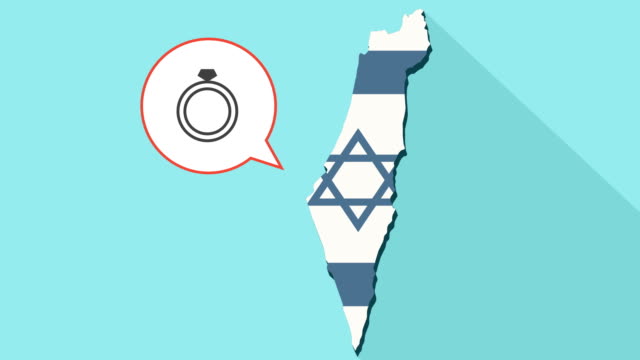 Animation-einer-langen-Schatten-Israel-Karte-mit-seiner-Flagge-und-eine-Comic-Sprechblase-mit-einem-Diamant-Ehering