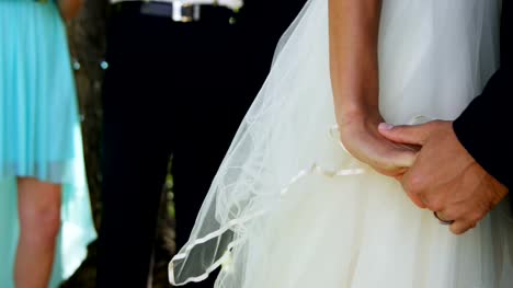 Bräutigam-und-Braut-stehen-in-Lächeln-auf-den-Lippen,-Hände-halten-in-Hochzeitstag-4K-4k