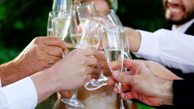 Gast,-toasten-mit-Champagner-Gläser-zusammen-mit-Braut-und-Bräutigam-4-K-4-k