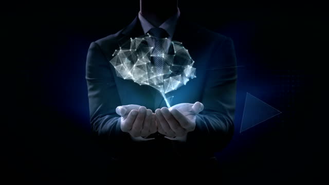 Businessman-opens-two-palms,-Brain-connect-digital-lines,-grow-artificial-intelligence.-4k-movie.