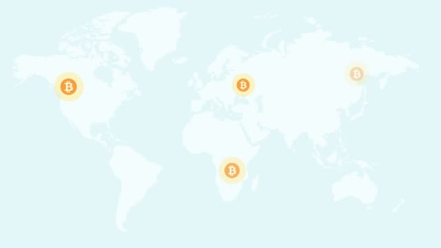 Bitcoin-auf-Weltkarte.-Krypto-Währung-Blockchain-auf-der-Weltkarte