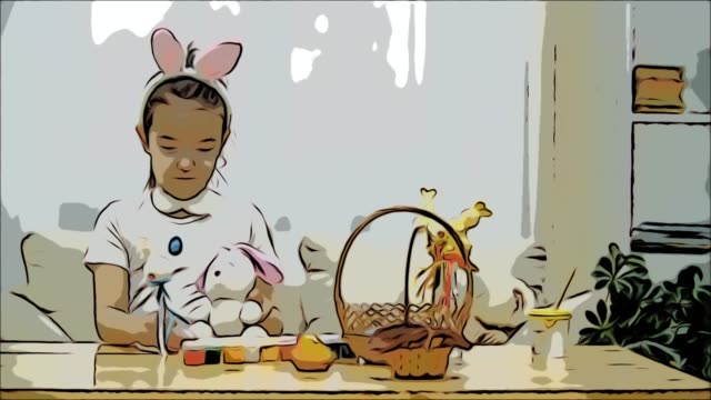 Little-cute-and-adorable-girl-is-smiling-and-playing-with-Easter-bunnies-in-her-hands.-Concept-Easter-holiday.