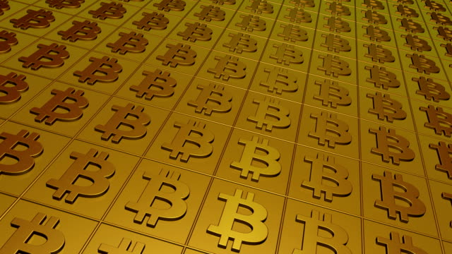 Bitcoin-zeichen-Gold-Hintergrund.-Nahtlose-Schleife.
