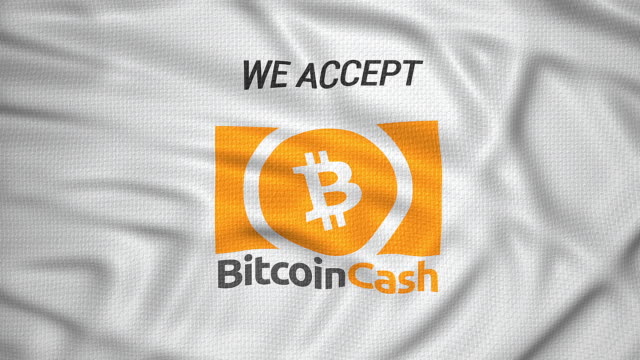 Wir-akzeptieren-Bitcoin-Bargeld,-Krypto-Währung-Flagge-Animation