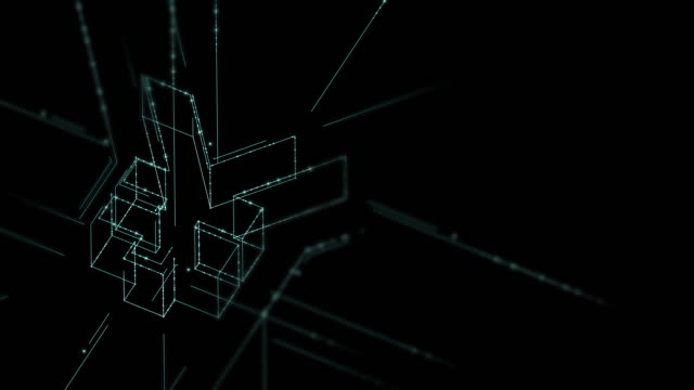 Währung-JPY-(Japanischer-Yen)-isometrische-Symbol-Partikellinie-Beleuchtung-Rahmen-Struktur-Muster-Drahtbild-futuristisch,-Digital-Geld-Kryptowährung-Konzept-auf-schwarzem-Hintergrund-Animation-4K