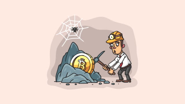 Businessman-mines-bitcoin.-Video-illustration-rock-Bitcoin-businessman-holding-pickaxe.-Loop-animation
