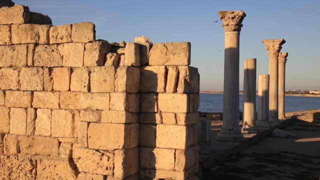 Ruins-of-Chersonesus-basilica,-ancient-Greek-town-near-modern-Sevastopol.-Autumn-sunset.-UNESCO-World-Heritage-Site.-Crimea,-Russia.