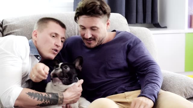 Gay-couple-relaxing-on-couch-with-dog.-Playing-with-their-dog.