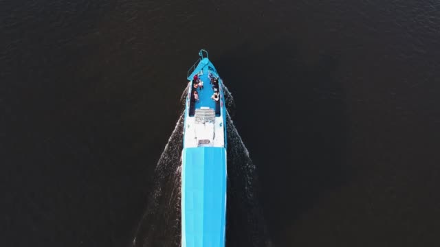 Cargo-ship-on-the-river-view-from-the-height-of-the-quadcopter