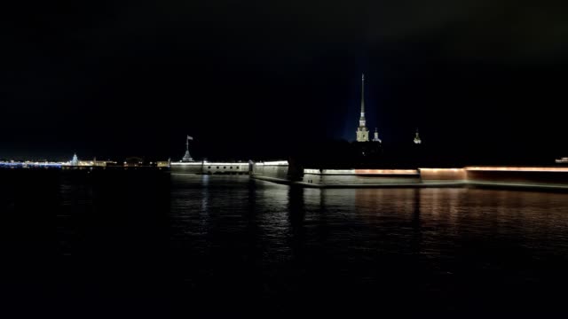 cityscape-in-night-time-in-Saint-Petersburg,-view-on-Peter-and-Paul-Fortress