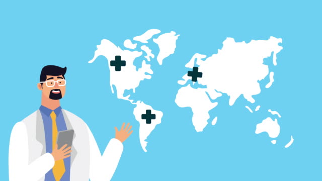 Arzt-nutzt-Smartphone-Gesundheitsversorgung-online-und-Weltkarten