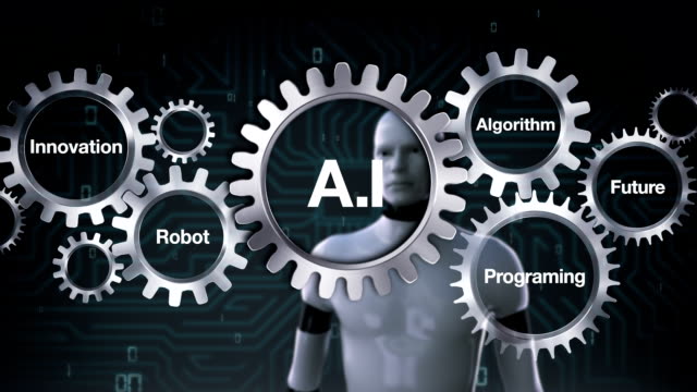 Engranaje-con-programación,-algoritmo,-futuro,-innovación,-Robot-tocando-'-A.-I'