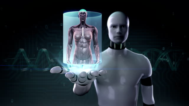 Roboter-offene-Handfläche,-Zoomen-Frauenkörper-und-Scan-menschlichen-Muskel.