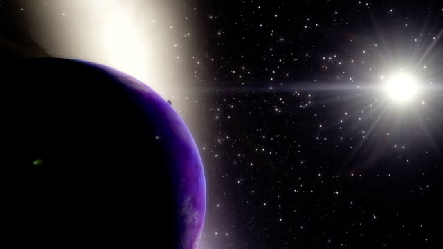 Animación-del-espacio-de-timelapse-de-un-planeta-rocoso-púrpura-con-anillos-y-una-galaxia-de-fondo