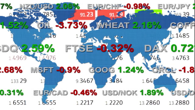 forex-stock-market-ticker-board-and-holographic-earth-map-on-background---new-quality-financial-business-animated-dynamic-motion-video-footage