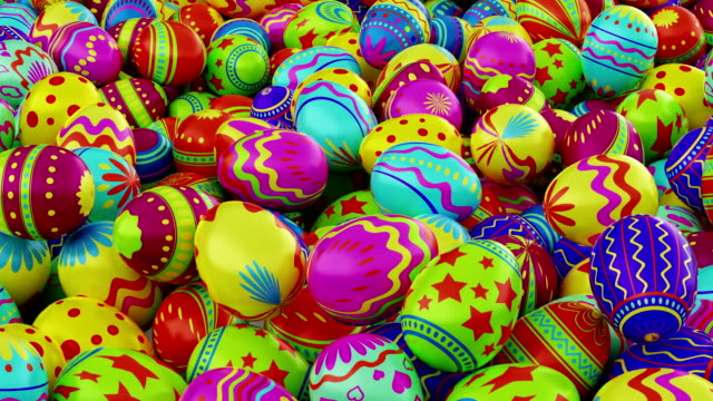 Coloridos-huevos-de-Pascua,-caen-en-el-marco-y-llenarlo-totalmente.-Incluir-el-canal-alfa
