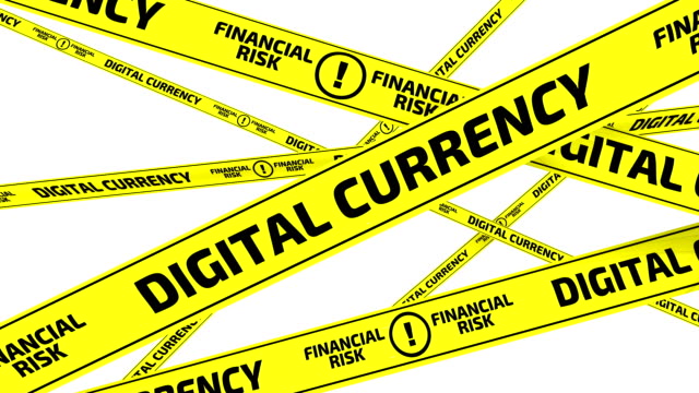 Moneda-digital.-Riesgo-financiero.-Cintas-de-advertencia-amarillo