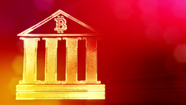 Sign-of-bitcoin-logo-inside-the-bank-building.-Financial-background-made-of-glow-particles-as-vitrtual-hologram.-Shiny-3D-loop-animation-with-depth-of-field,-bokeh-and-copy-space..-Red-background-v1