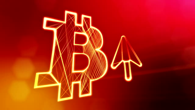 Bitcoin-Symbol-und-die-neuesten-Pfeilsymbol.-Finanzieller-Hintergrund-aus-Glühen-Teilchen-als-Vitrtual-Hologramm.-Glänzende-Schleife-3D-Animation-mit-Tiefe-Feld,-Bokeh-und-Kopie.-.-Roten-Hintergrund-v1