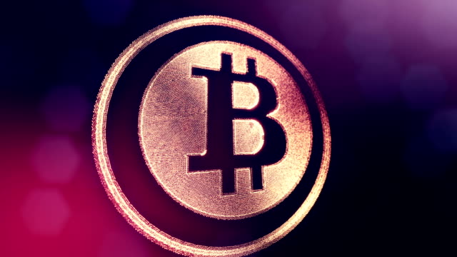 Bitcoin-Logo-im-inneren-Kreise-wie-Münze.-Finanzieller-Hintergrund-aus-Glühen-Teilchen-als-Vitrtual-Hologramm.-Glänzende-Schleife-3D-Animation-mit-Tiefe-Feld,-Bokeh-und-Kopie.-Violettem-Hintergrund-1.